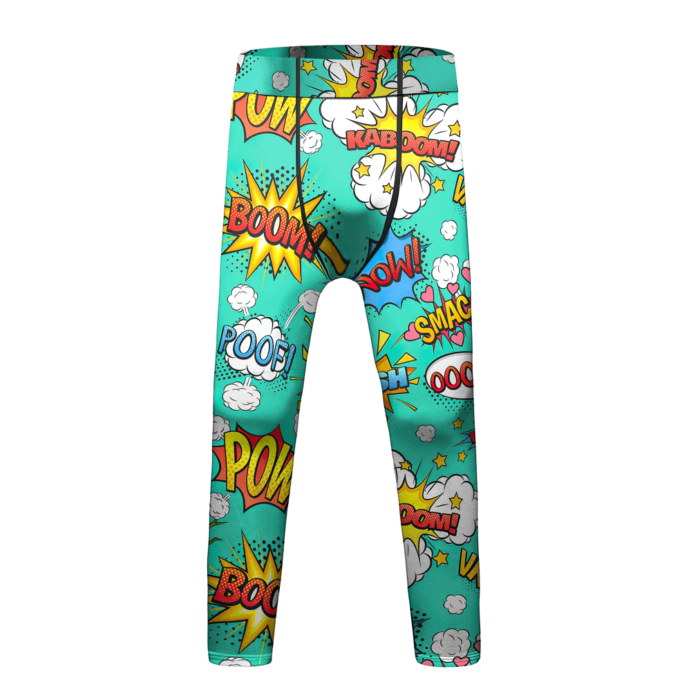 Boys Graphic Sport Compression Running Leggings - SF3864 with colorful comic-style prints, elastic waist, and durable fabric for active play.