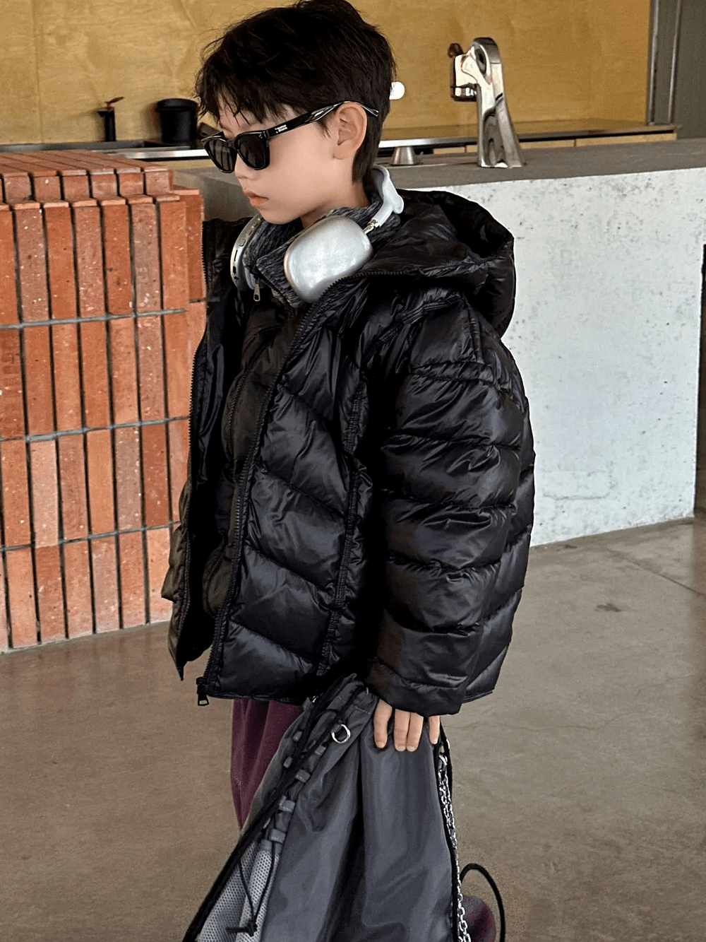Stylish young boy wears Boys Hooded Down Puffer Jacket With Zipper - SF3638, perfect for cold weather elegance and comfort.