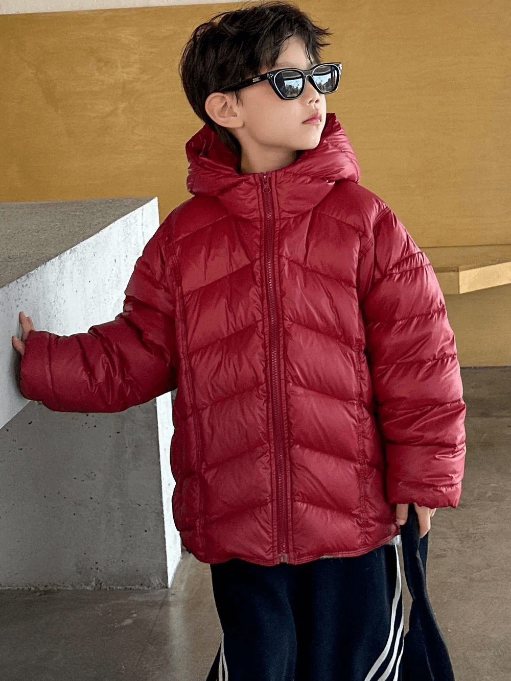 Stylish boy in red Boys Hooded Down Puffer Jacket With Zipper - SF3638, perfect for winter warmth and easy layering.
