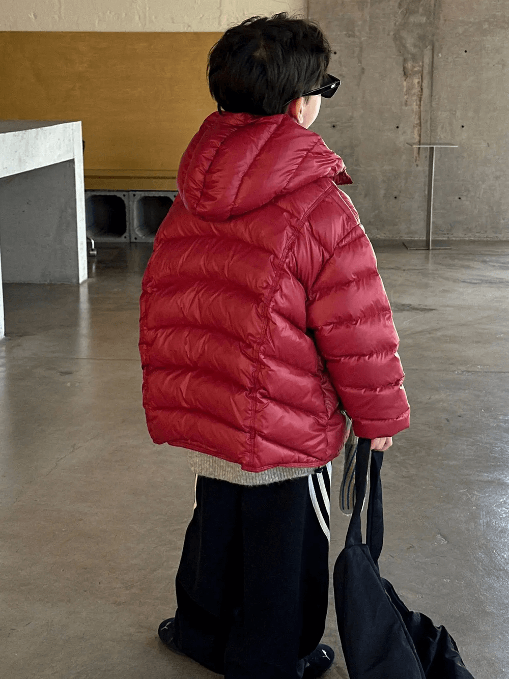 Child in red Boys Hooded Down Puffer Jacket With Zipper - SF3638, ideal for winter wear.