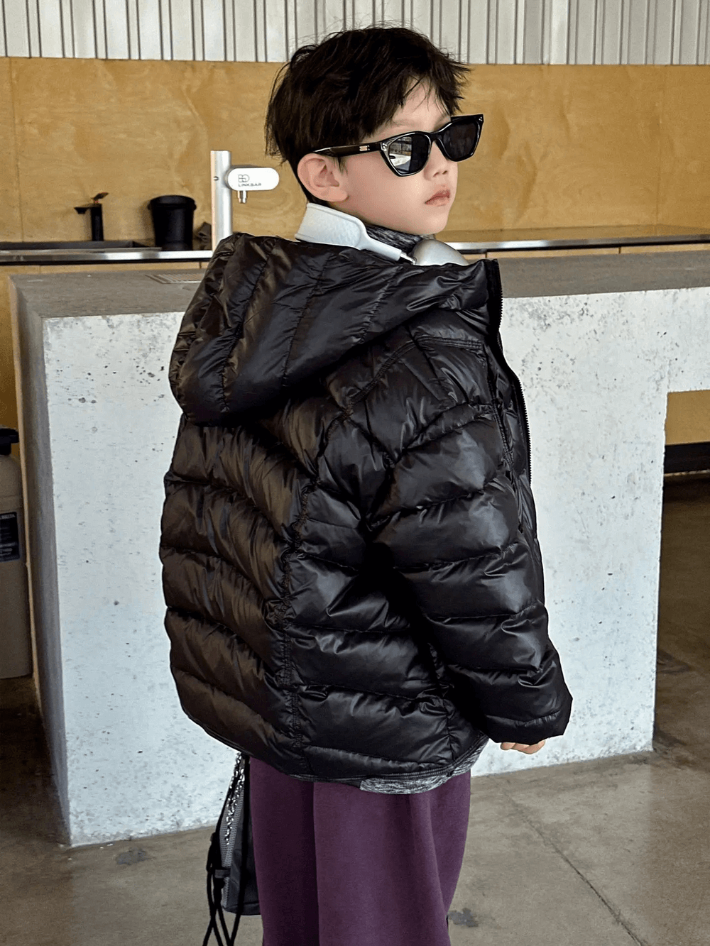 Boy wearing Boys Hooded Down Puffer Jacket With Zipper - SF3638 in black, showcasing warm and stylish winter fashion.