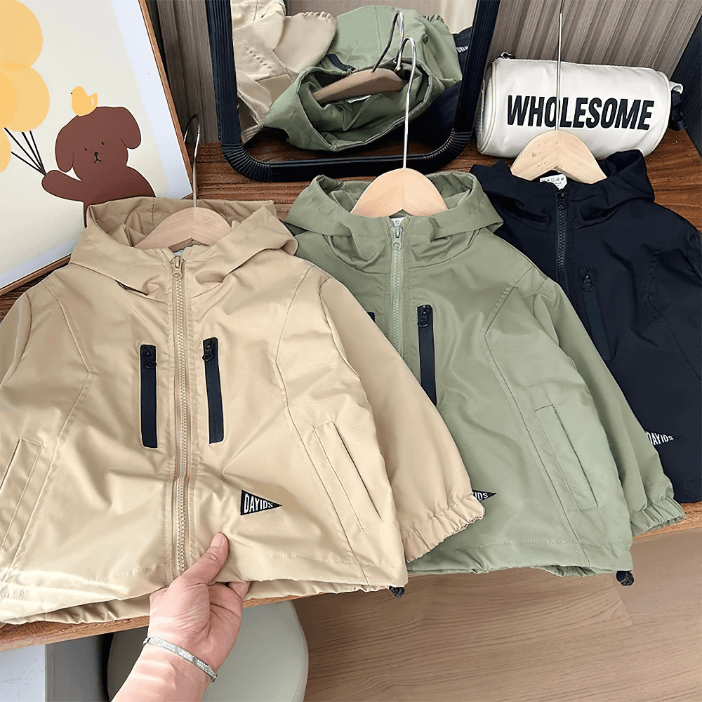Boys Hooded Zipper Windbreaker Jacket - SF3565 in beige, green, and black hanging on a rack
