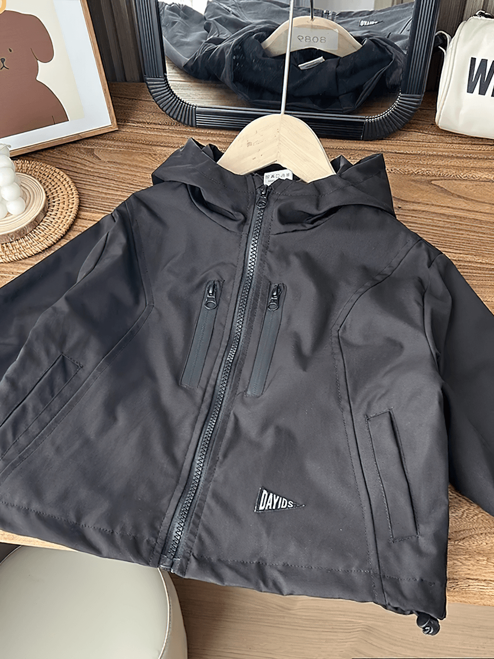 Boys Hooded Zipper Windbreaker Jacket - SF3565 displayed on a hanger, showcasing style and functionality.