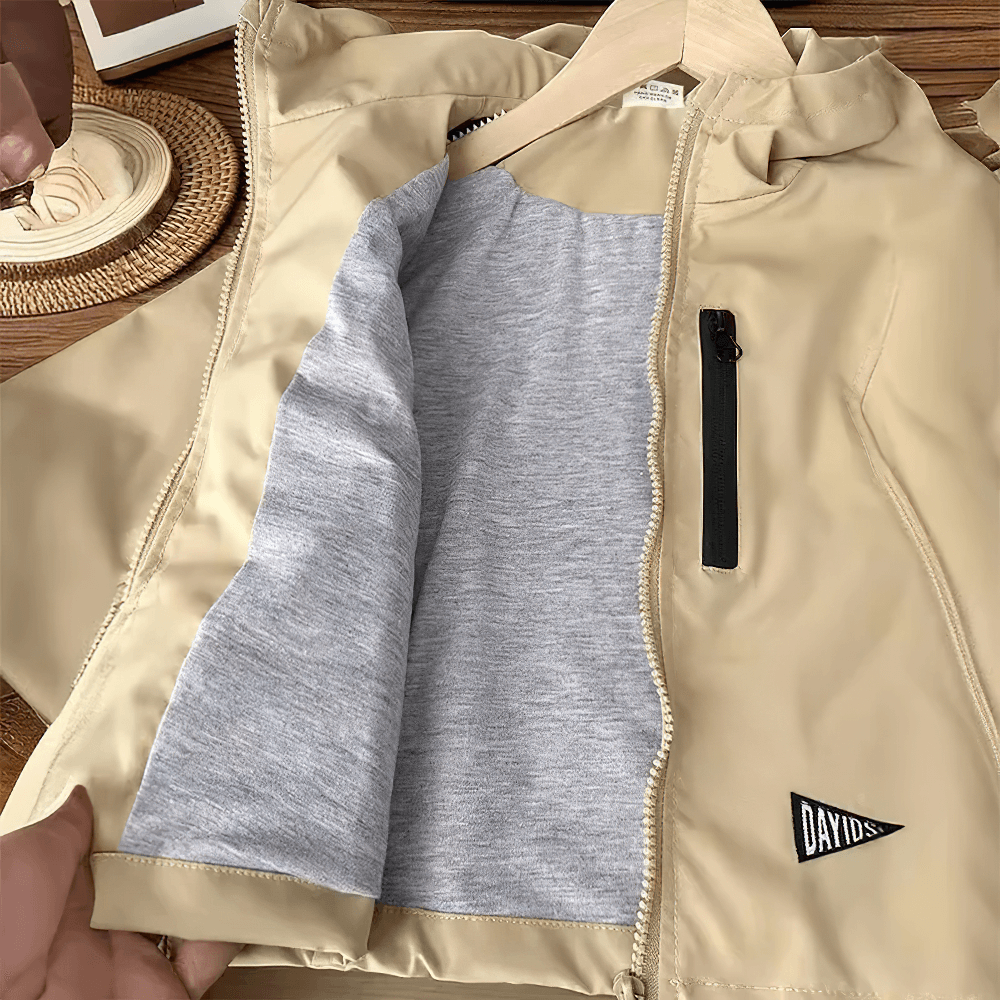 Boys Hooded Zipper Windbreaker Jacket - SF3565 in beige with soft interior lining, featuring sleek black zippered pocket detail.