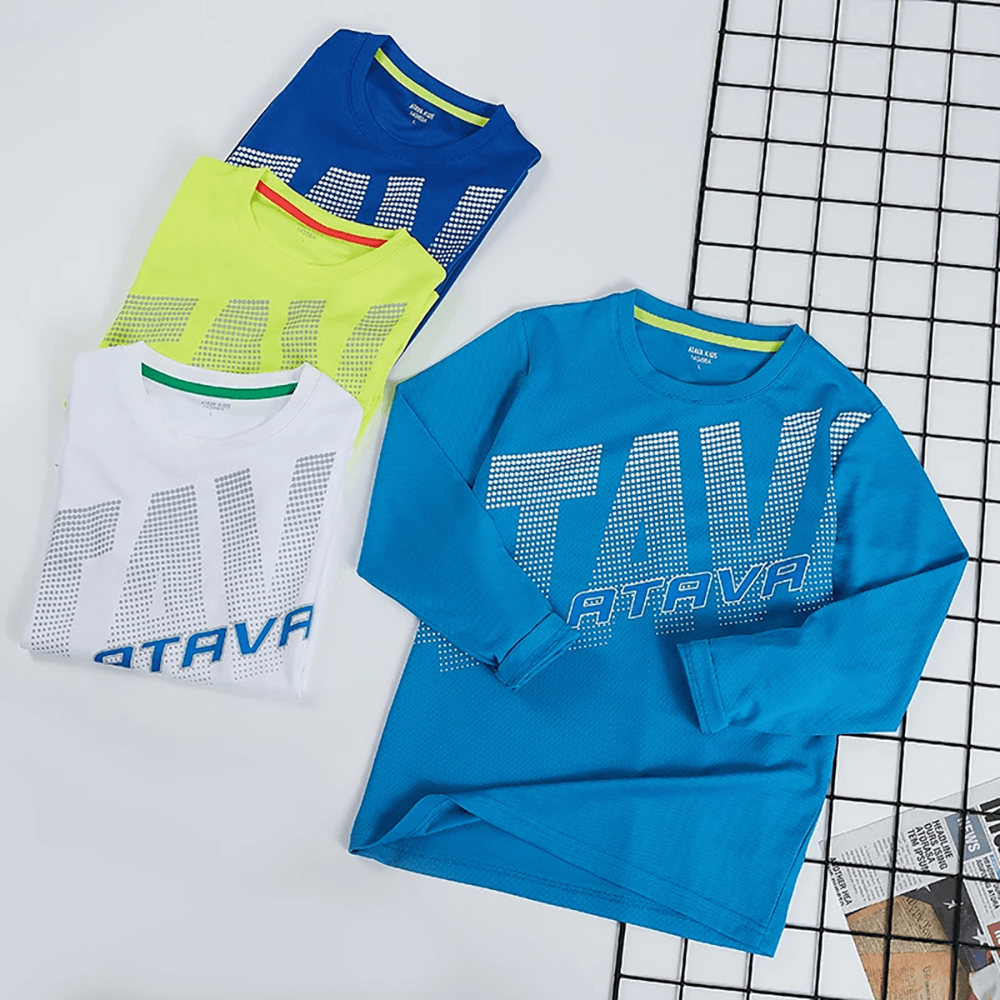 Boys Quick-Dry Long-Sleeved Sports Top for Running - SF3601 in various colors displayed on a grid background.