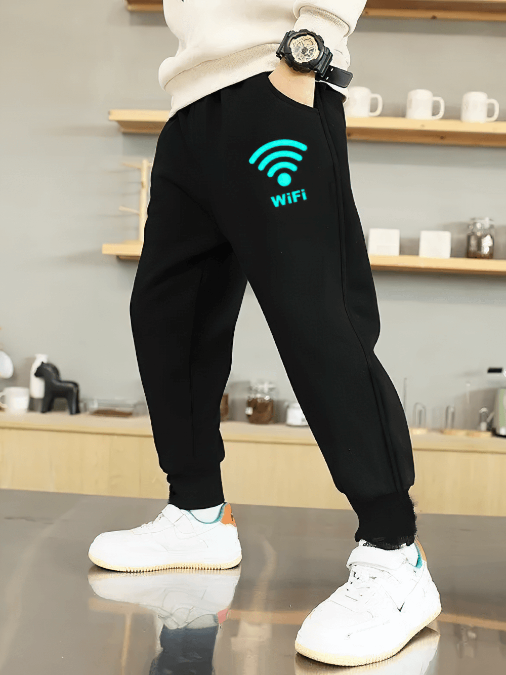 Boys Sporty Jogger Pants with Luminous Prints - SF3724 featuring a glowing WiFi design and practical pockets for active comfort.
