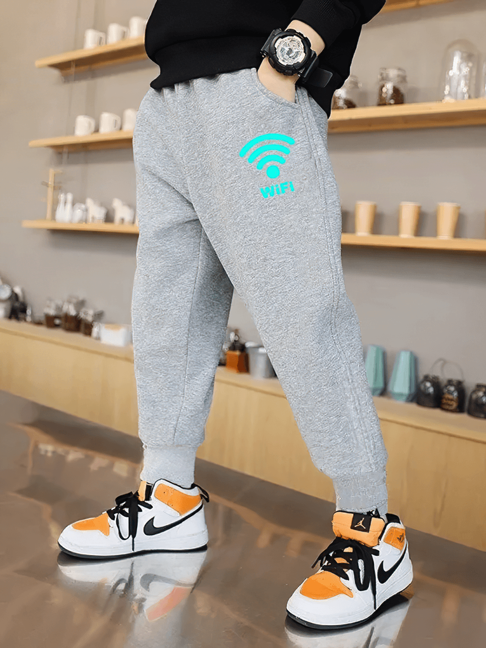 Boys Sporty Jogger Pants with Luminous Prints - SF3724 featuring sporty look, elastic waist, and vibrant luminous WiFi print in gray.