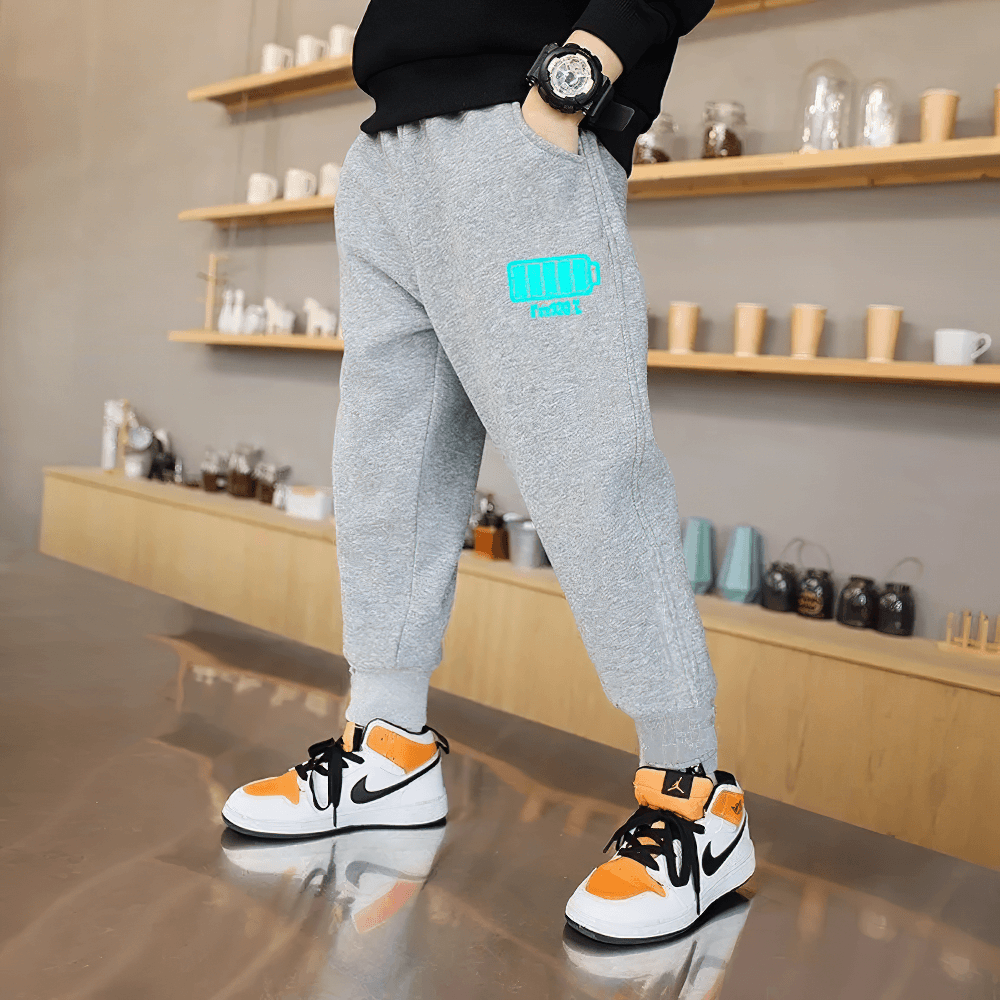 Stylish Boys Sporty Jogger Pants with Luminous Prints - SF3724, perfect for active kids with elastic waist and practical pockets.