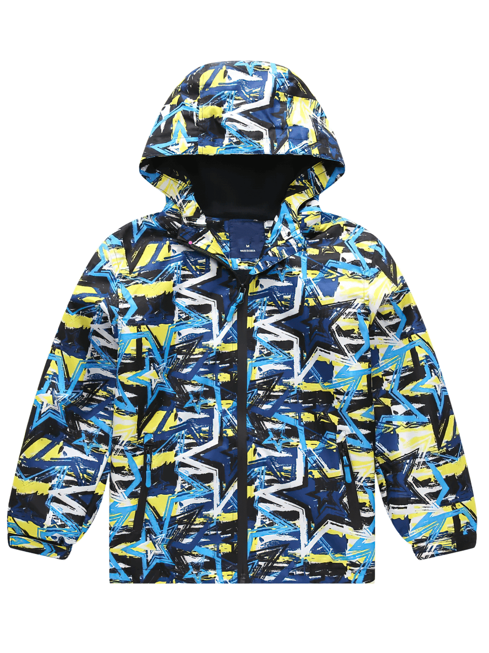 Boys Star Print Rain Jacket with Removable Hood - SF3599, kids waterproof windbreaker with bold star graphics for outdoor adventures.