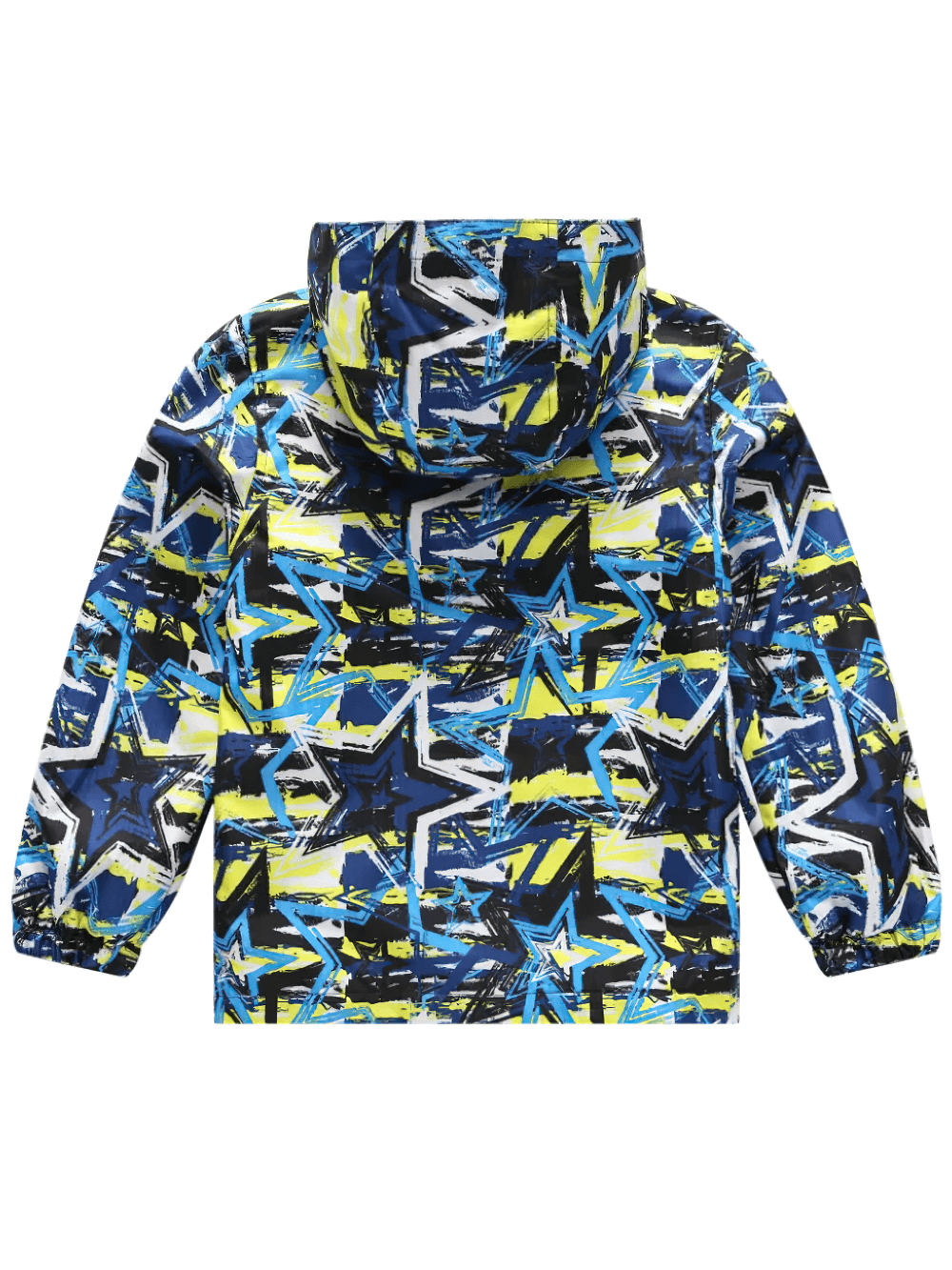 Boys Star Print Rain Jacket with Removable Hood - SF3599, featuring a vibrant star pattern for kids' outdoor adventures.