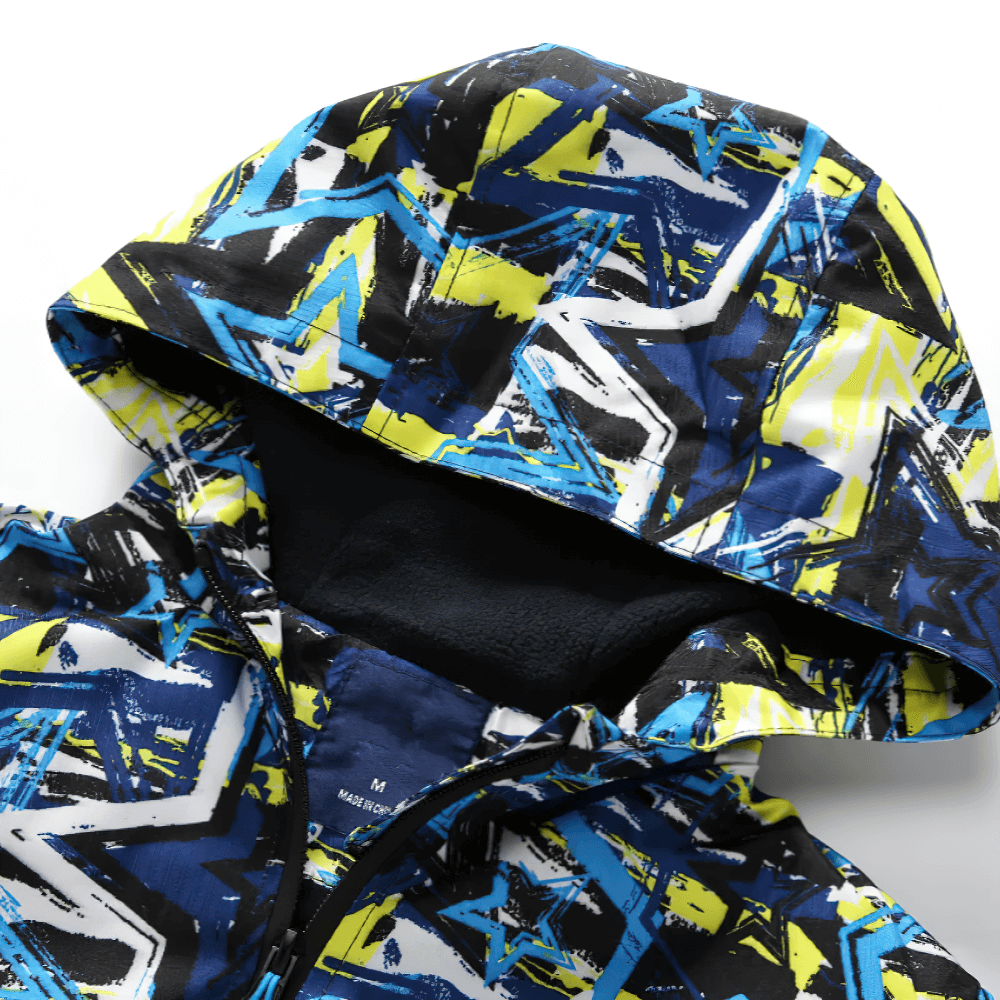 Close-up of Boys Star Print Rain Jacket with Removable Hood - SF3599 featuring blue and yellow star pattern, ideal for kids' adventures.