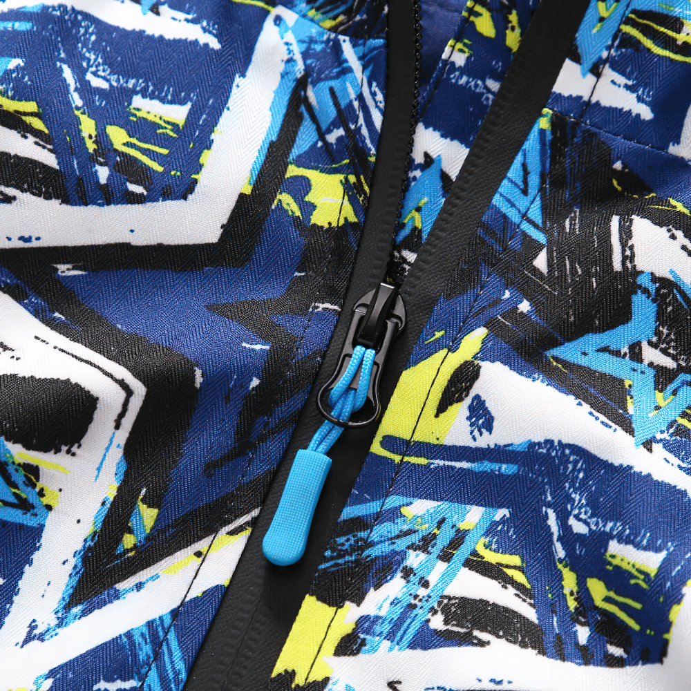 Close-up of Boys Star Print Rain Jacket with Removable Hood - SF3599 showing star pattern and zipper detail.