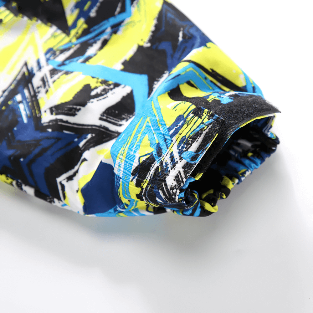 Close-up of colorful sleeve design on Boys Star Print Rain Jacket with Removable Hood - SF3599 showcasing vibrant patterns.