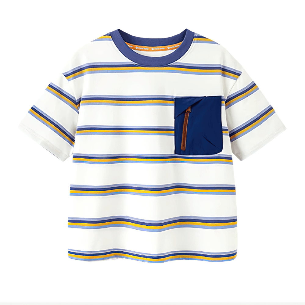 Boys Stripe T-Shirt with Zipper Chest Pocket - SF3682, featuring vibrant stripes and a practical zipper pocket for outdoor adventures.
