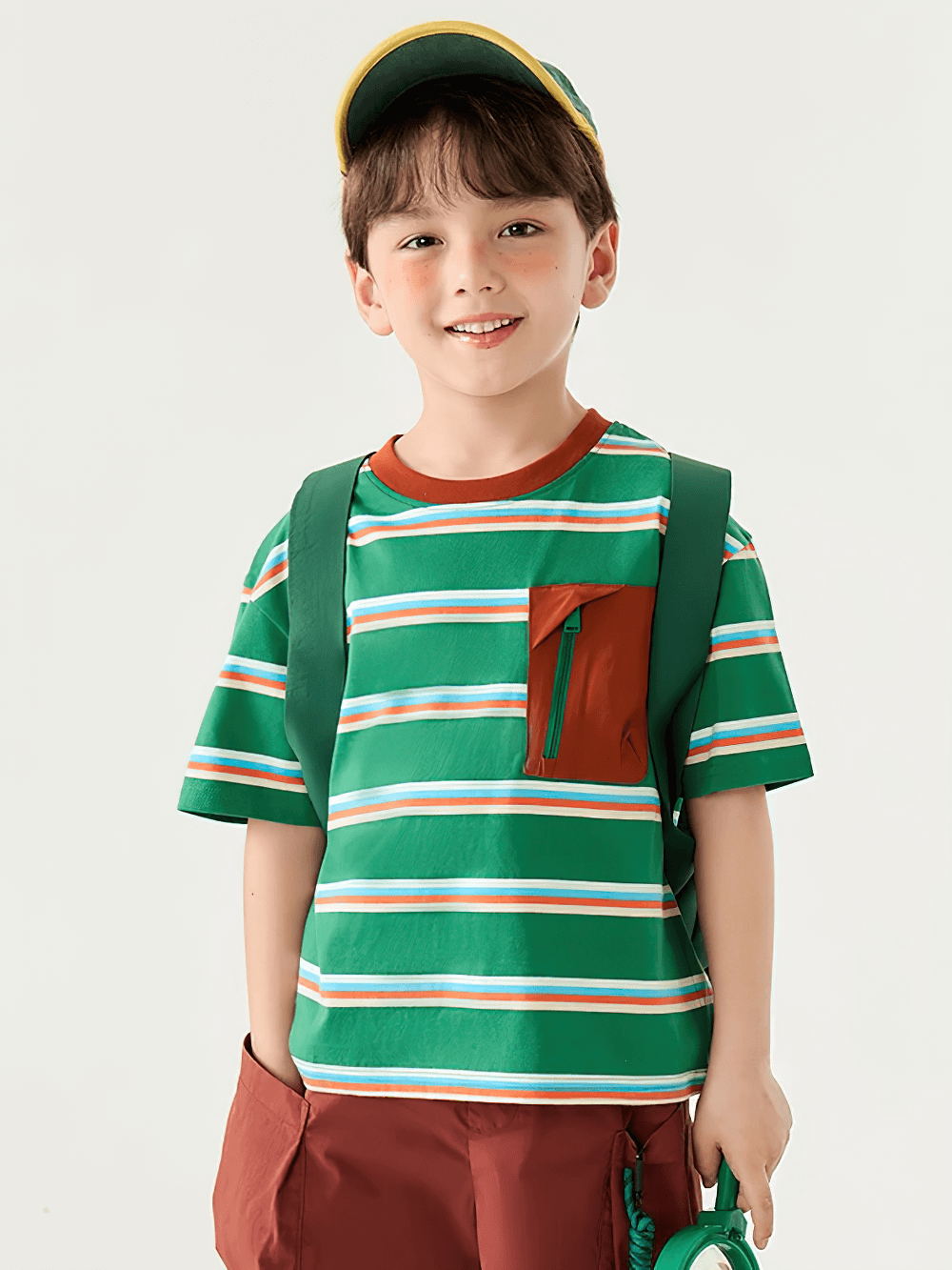 Young boy wearing Boys Stripe T-Shirt with Zipper Chest Pocket - SF3682, perfect for outdoor adventures and active play.