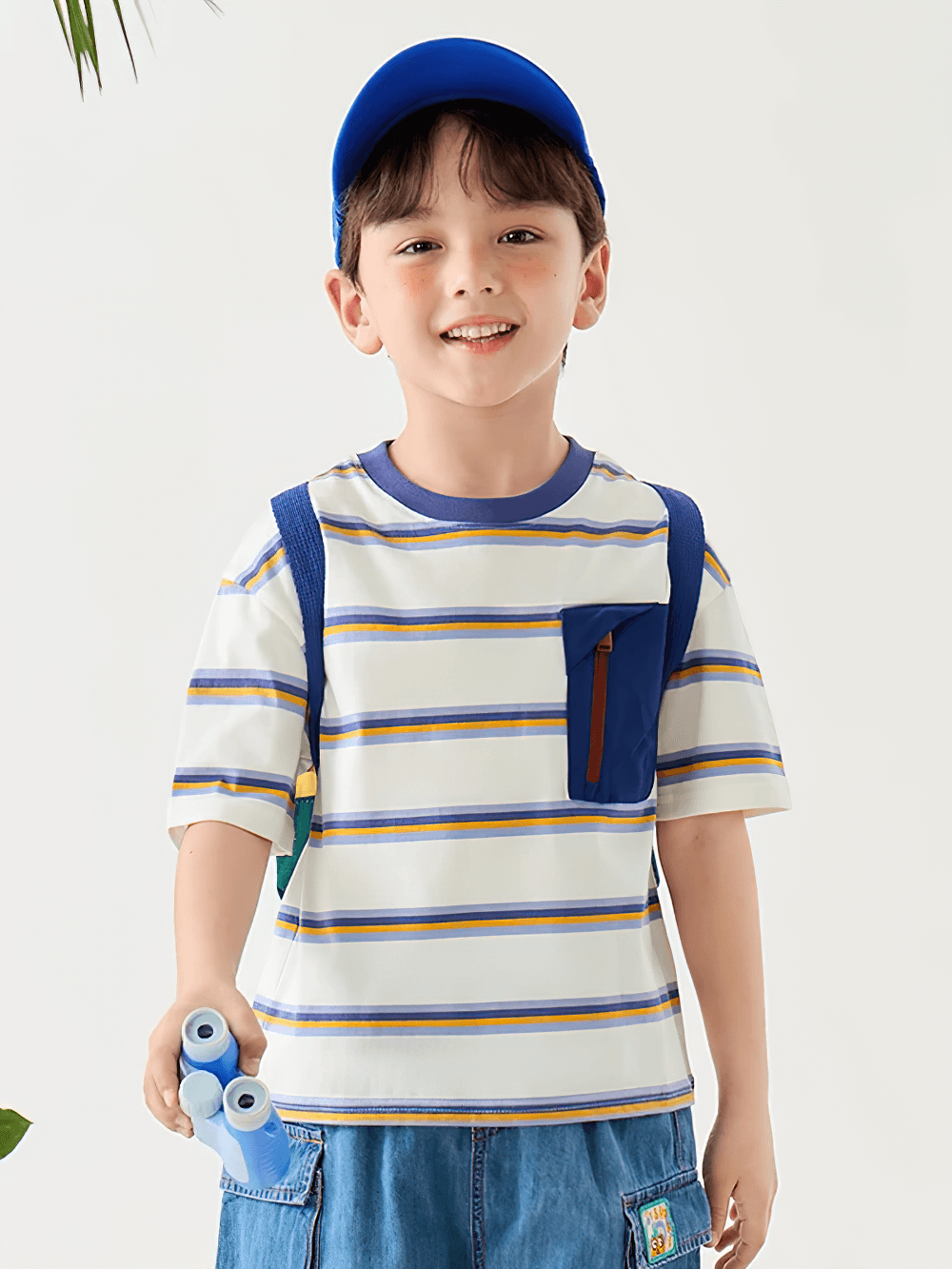 Happy child wearing Boys Stripe T-Shirt with Zipper Chest Pocket - SF3682, ready for outdoor adventures.
