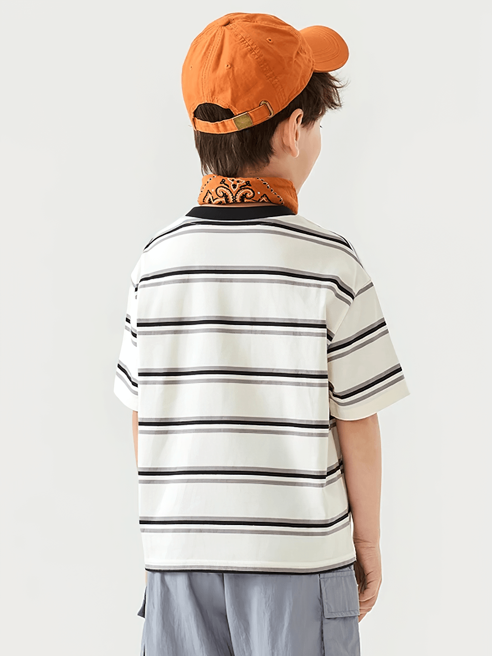 Boys Stripe T-Shirt with Zipper Chest Pocket - SF3682, quick-dry cotton tee, outdoor adventure wear for kids, back view with stripes.