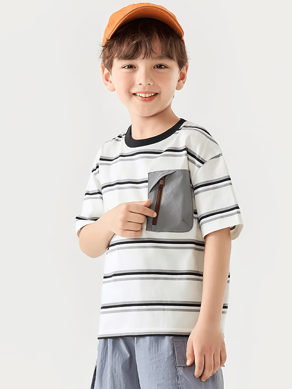 Happy kid wearing Boys Stripe T-Shirt with Zipper Chest Pocket - SF3682, perfect for outdoor adventures, stylish and durable.