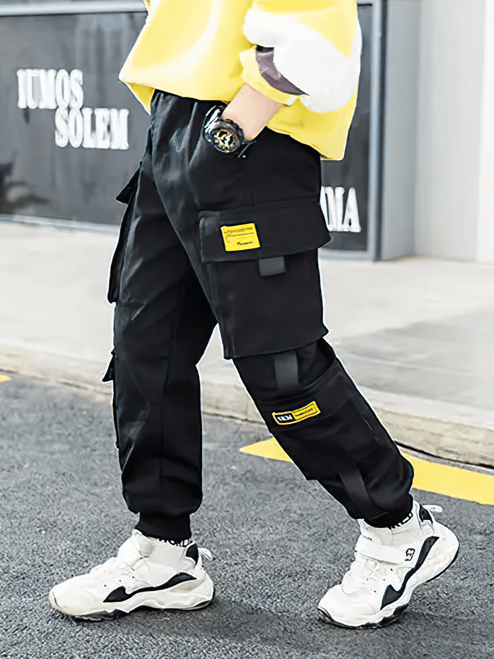 Boys Stylish Sport Cargo Jogger Pants - SF3868 with elastic waist and flap pockets, perfect for urban play and travel.