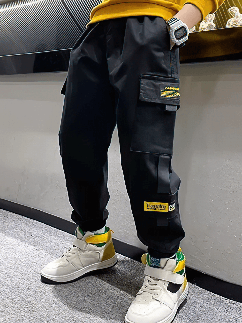 Boys Stylish Sport Cargo Jogger Pants - SF3868 with elastic waist, flap pockets, and sporty design for urban play and travel.
