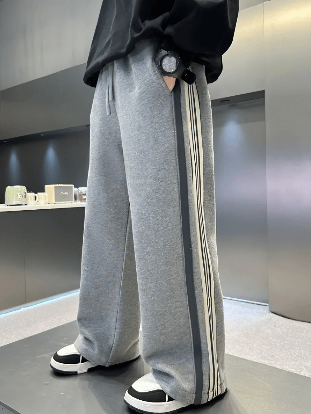 Boys Trendy Sport Pants with Stripes - SF3705 in gray, showcasing wide-leg design and breathable fabric for comfort and style.