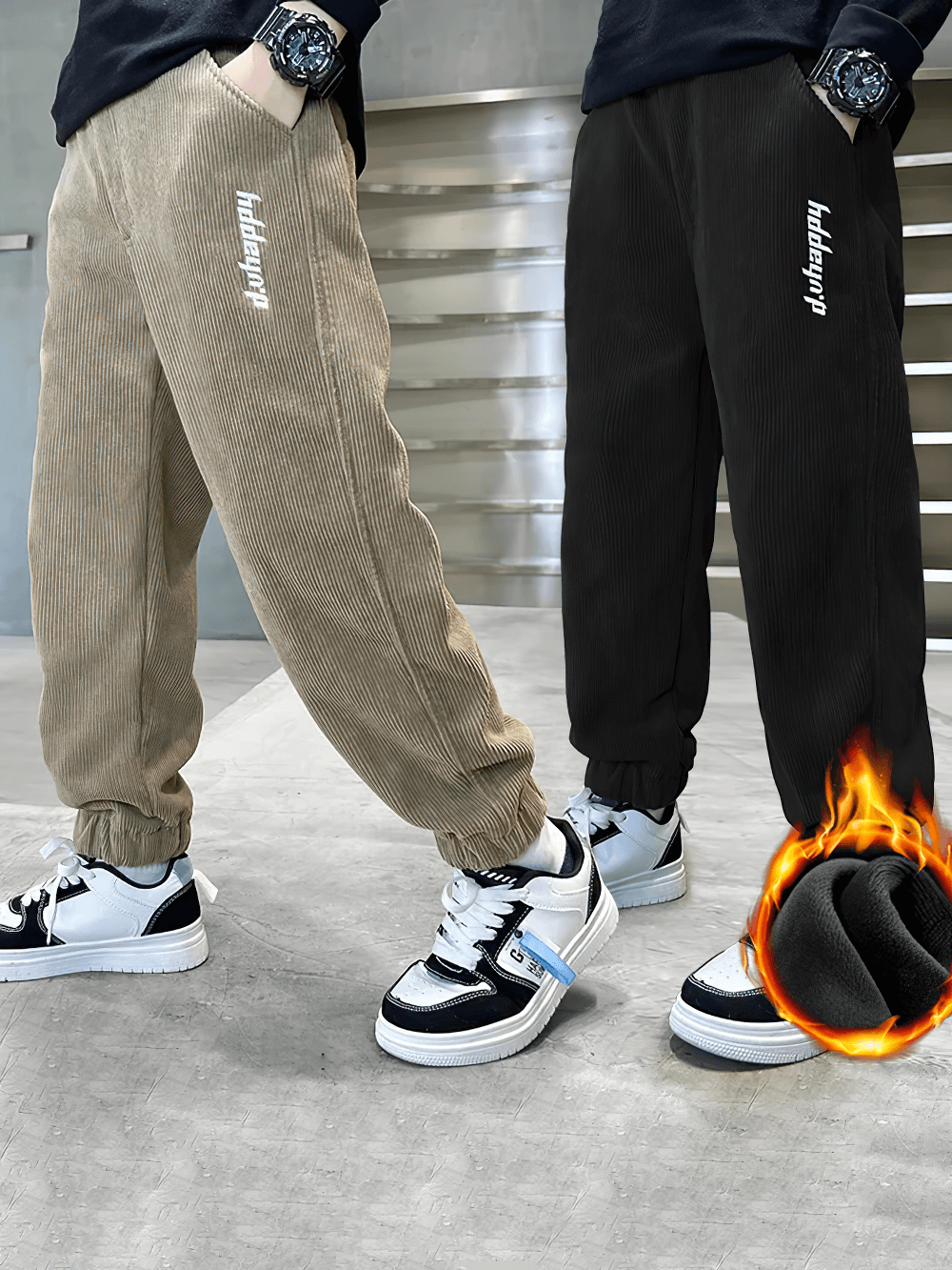 Boys Velvet Sweatpants with Elastic Waistband - SF3741 in tan and black, showcasing padded lining for warmth and side pockets.
