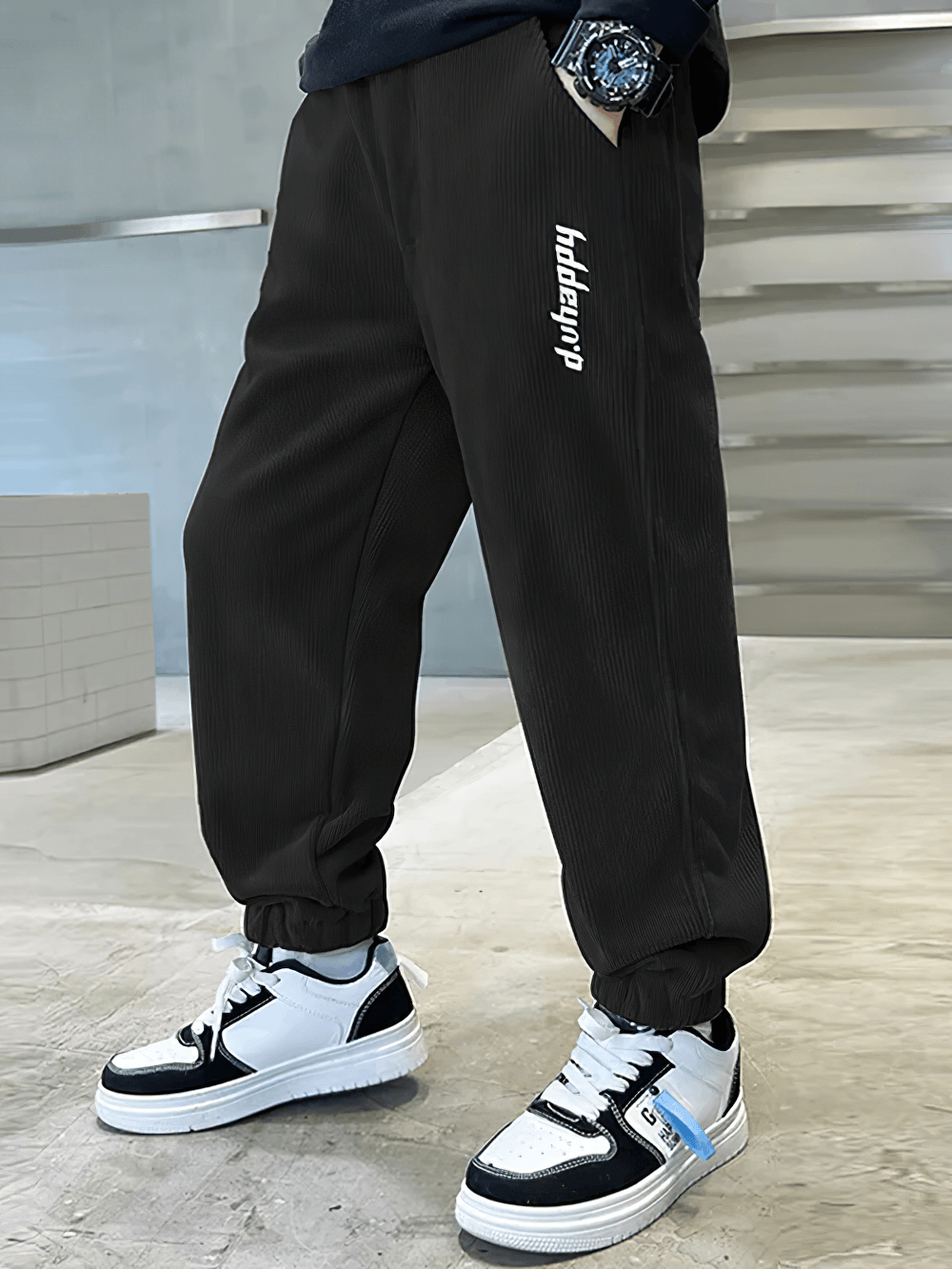 Boys Velvet Sweatpants with Elastic Waistband - SF3741 on a child standing in stylish sneakers indoors.