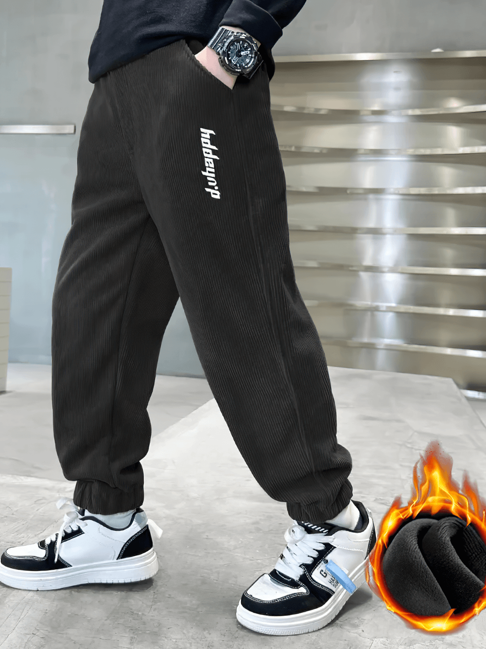 Boys Velvet Sweatpants with Elastic Waistband - SF3741 shown with a cozy fleece lining, ideal for warmth and comfort in cold weather.
