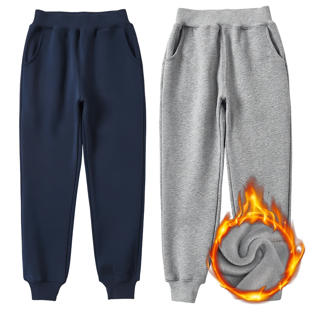 Boys Warm Jogger Sweatpants with Elastic Waist - SF3693 in navy and gray colors, showcasing cozy fleece insulation and ribbed cuffs.