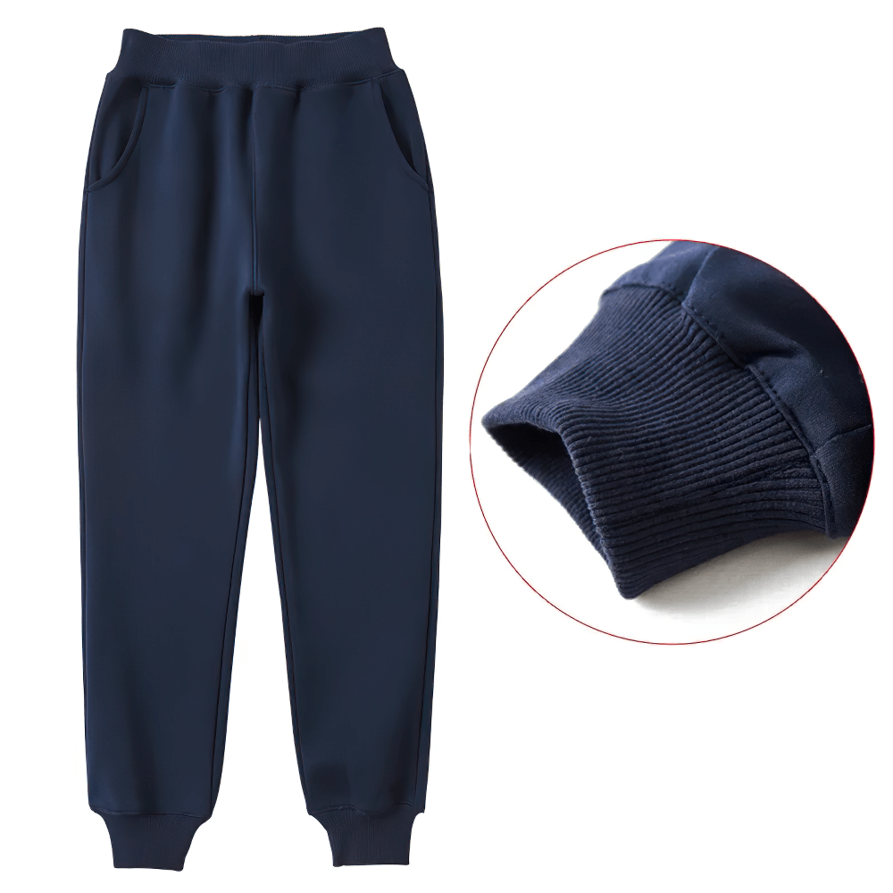 Boys Warm Jogger Sweatpants with Elastic Waist - SF3693, navy blue fleece pants with ribbed cuffs and pockets.
