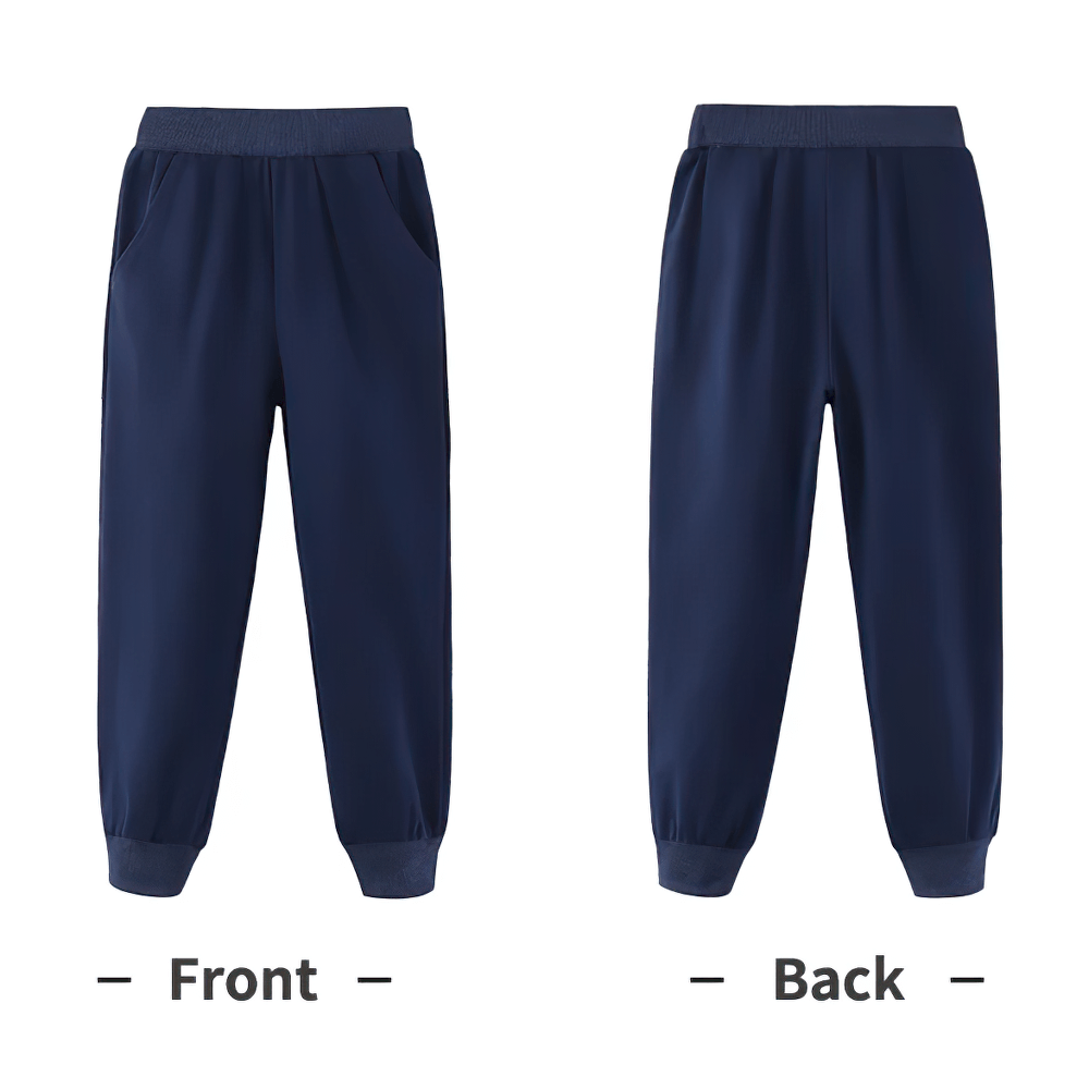 Front and back view of Boys Warm Jogger Sweatpants with Elastic Waist - SF3693 in navy, showcasing elastic waist and ribbed cuffs.