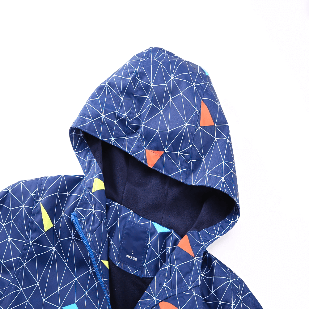 Boys Waterproof Hooded Outdoor Sport Jacket - SF3600 with geometric print features fleece lining and is perfect for spring and autumn adventures.