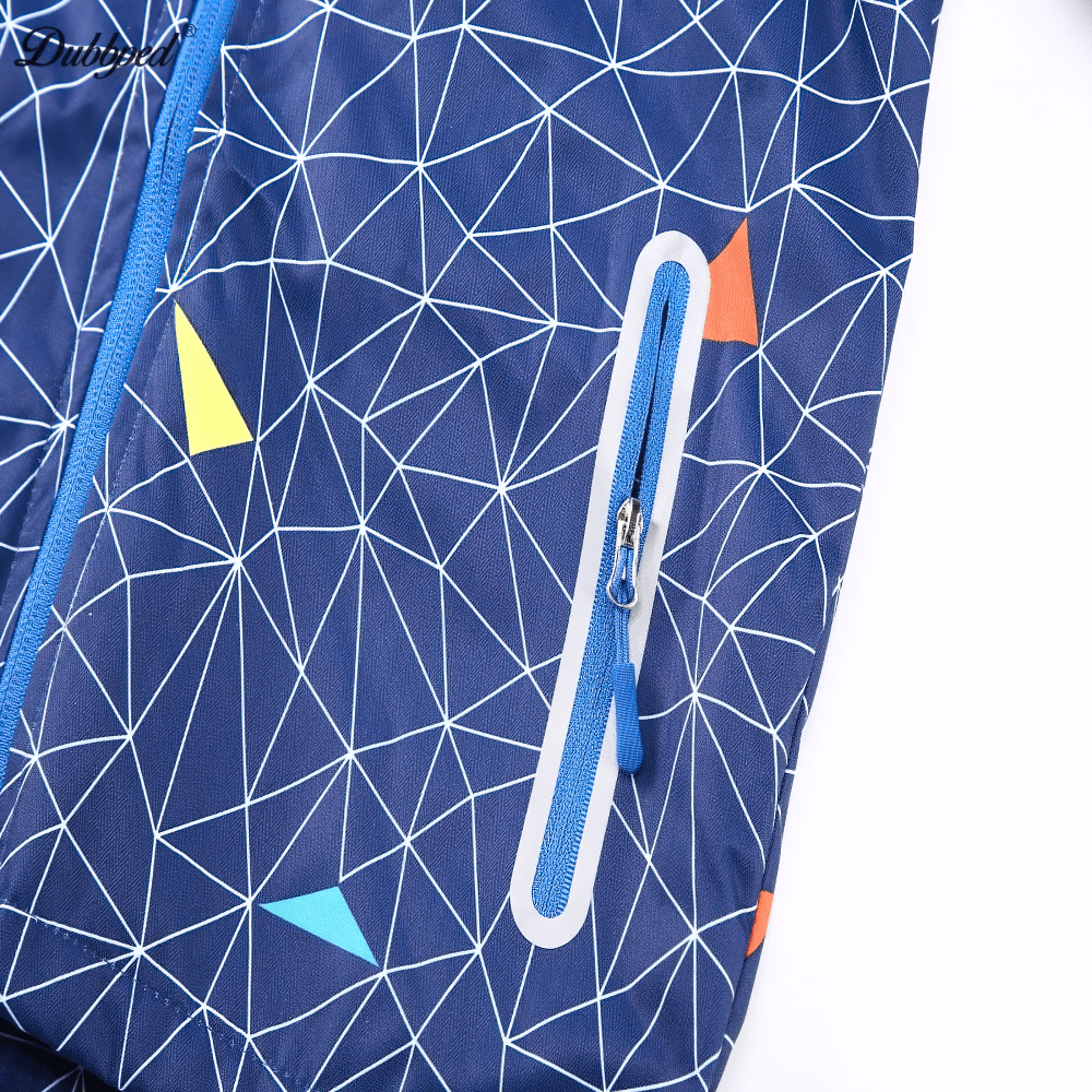 Close-up of Boys Waterproof Hooded Outdoor Sport Jacket - SF3600 with bold geometric print and zippered pocket for style and functionality.