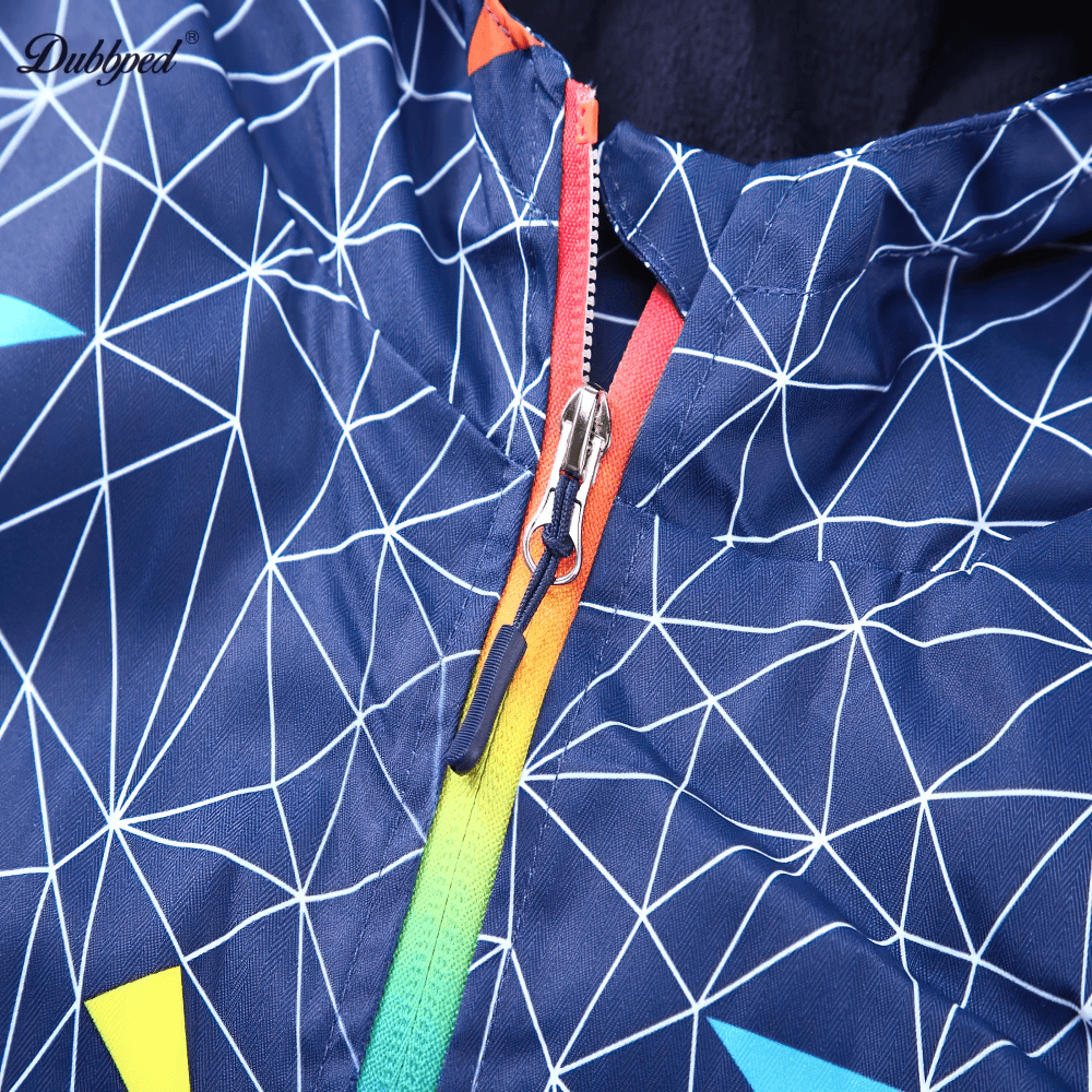 Close-up of Boys Waterproof Hooded Outdoor Sport Jacket - SF3600 showing geometric print and zip closure.