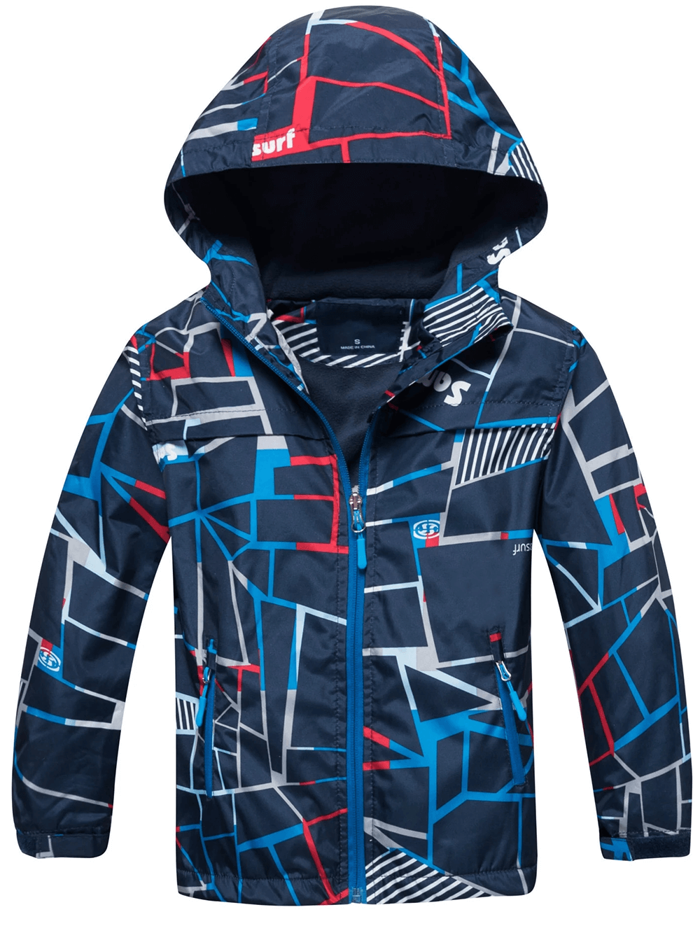 Boys Waterproof Hooded Outdoor Sport Jacket - SF3600 with geometric print, fleece lining, and secure pockets for spring and autumn weather.