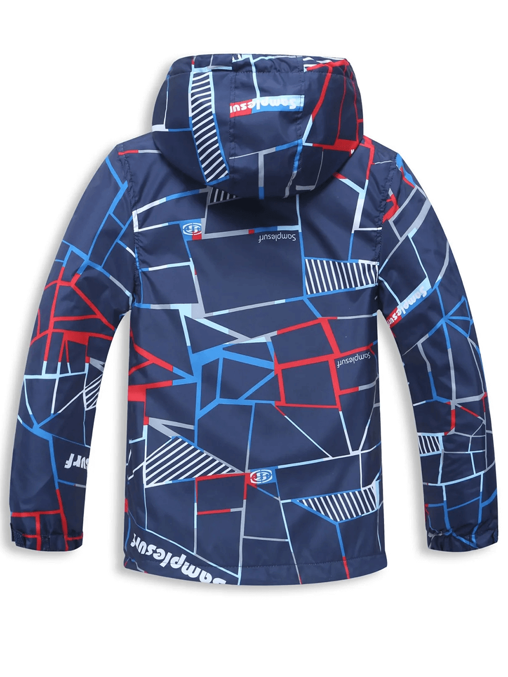 Boys Waterproof Hooded Outdoor Sport Jacket - SF3600 with bold geometric print, fleece-lined for rain and wind protection.
