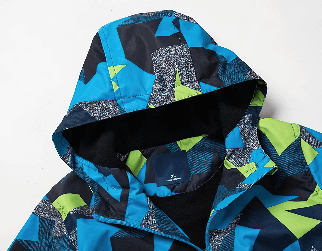 Boys Waterproof Hooded Outdoor Sport Jacket - SF3600 with fleece lining and bold geometric print for spring adventures.