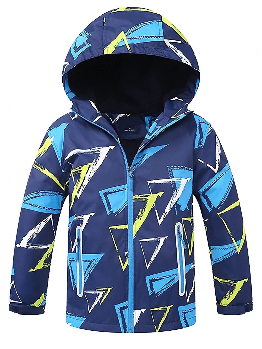 Boys Waterproof Hooded Outdoor Sport Jacket - SF3600 with bold geometric print, fleece lining, and secure pockets for spring adventures.