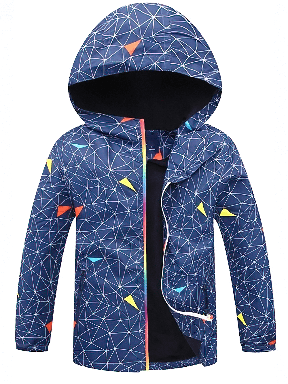 Boys Waterproof Hooded Outdoor Sport Jacket - SF3600 with geometric print, fleece lining, windproof design for active adventure.