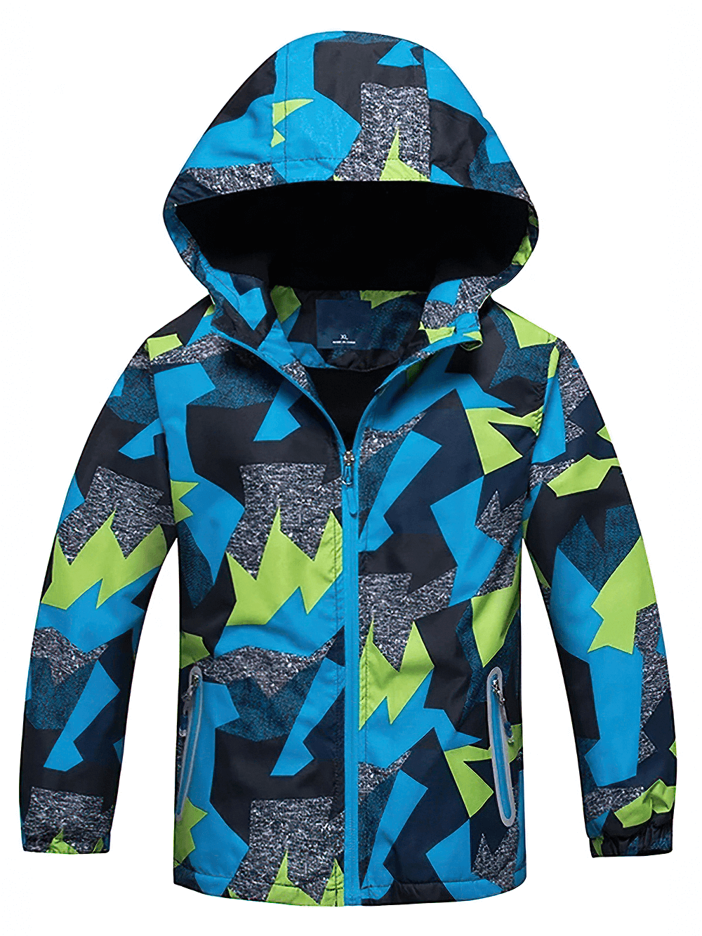 Boys Waterproof Hooded Outdoor Sport Jacket - SF3600 with geometric print, fleece lining, and full-zip for spring and autumn adventures.