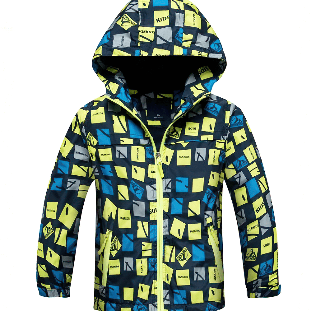 Boys Waterproof Hooded Outdoor Sport Jacket - SF3600 with a bold geometric print for rain and wind protection, fleece-lined for warmth.