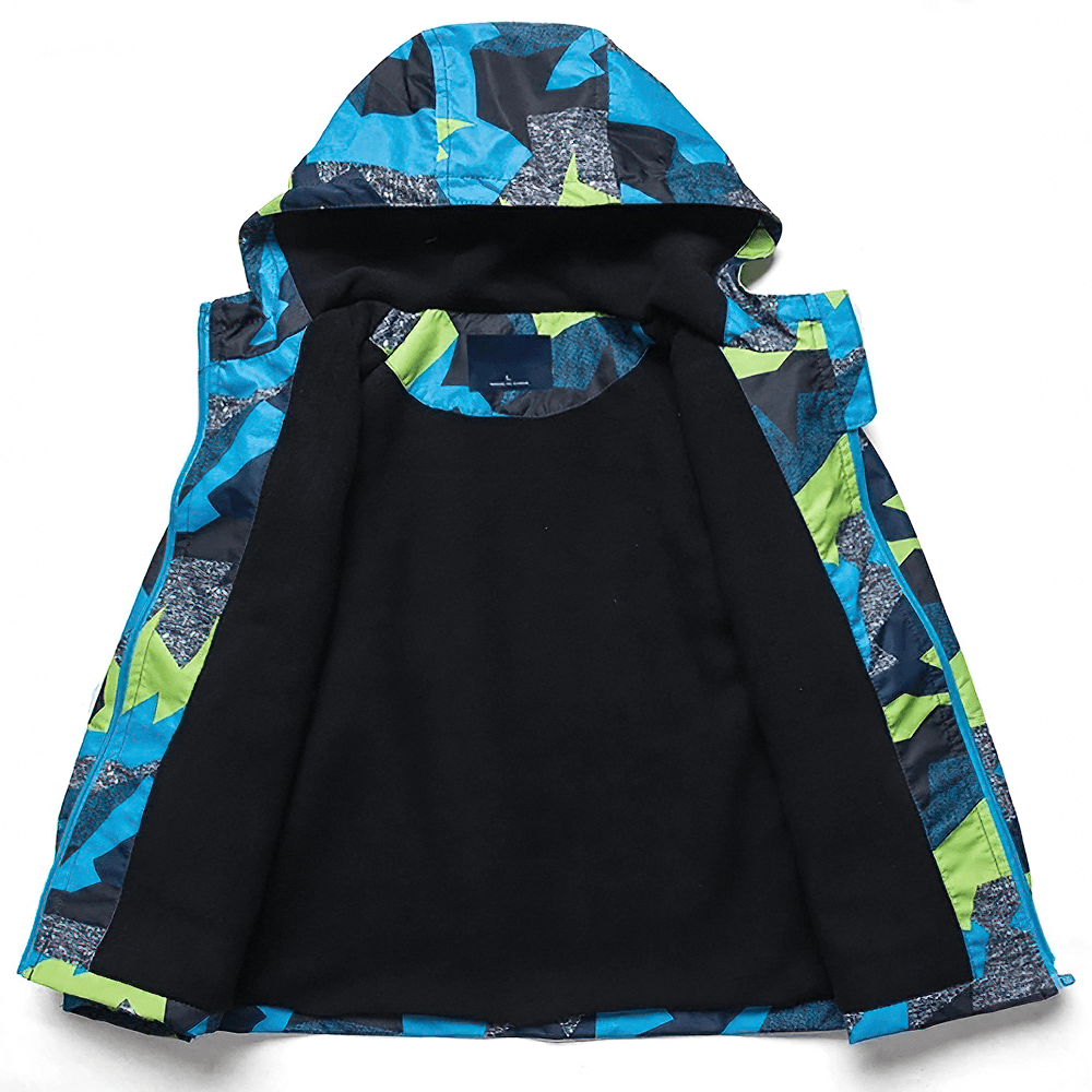Boys Waterproof Hooded Outdoor Sport Jacket - SF3600 with fleece lining and geometric print for rain and wind protection.