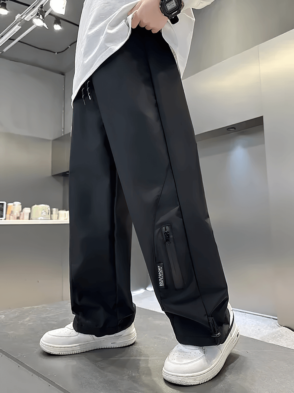 Boys Wide-Leg Streetwear Pants with Pockets - SF3706, black casual sport design on display.