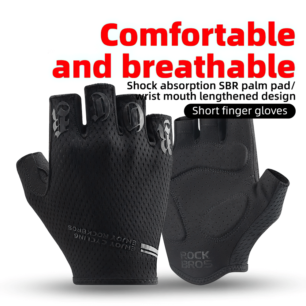 Breathable half-finger cycling gloves with SBR palm pads, black, designed for comfort, durability, and enhanced grip.