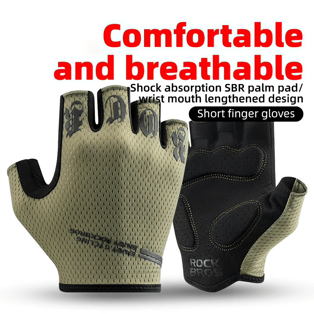 Breathable half-finger cycling gloves with SBR palm pads for anti-shock grip. Durable, lightweight design for outdoor adventures.