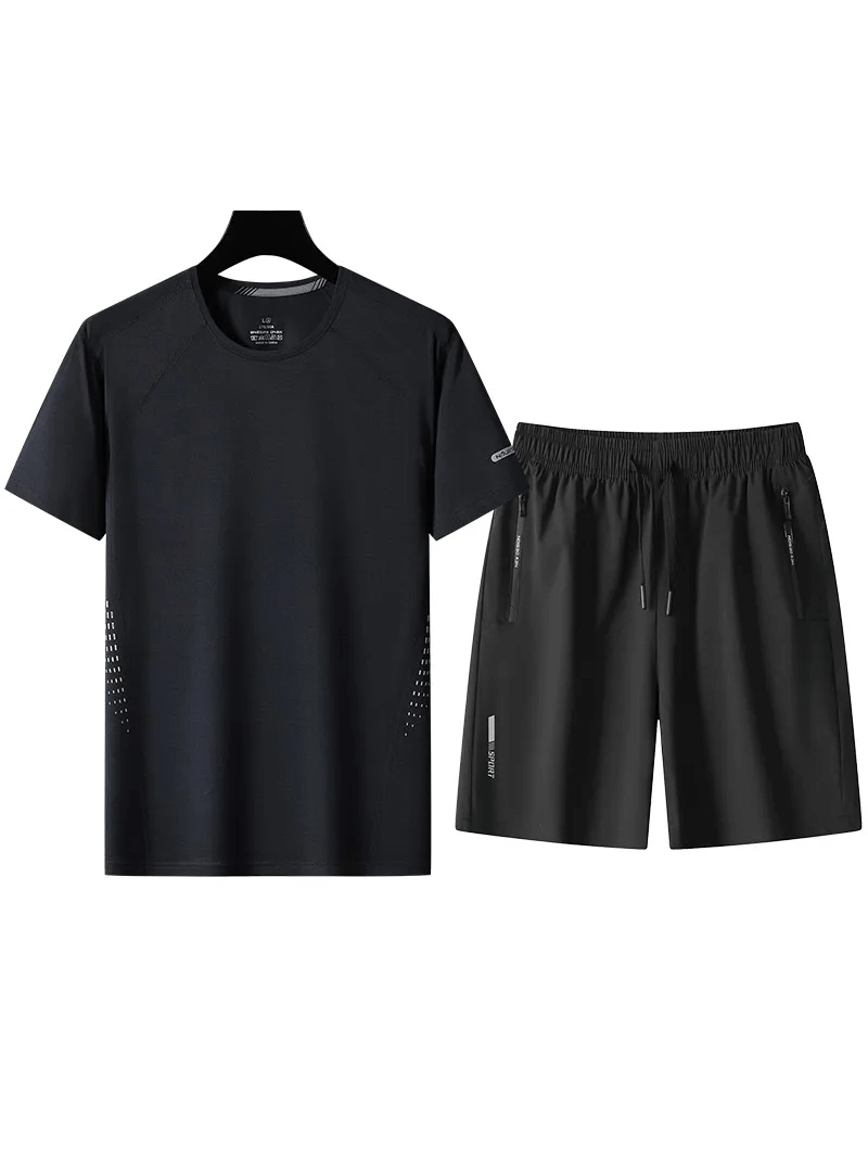 Black breathable athletic t-shirt and shorts set SF2046 for men's active lifestyle, perfect for running and weightlifting.