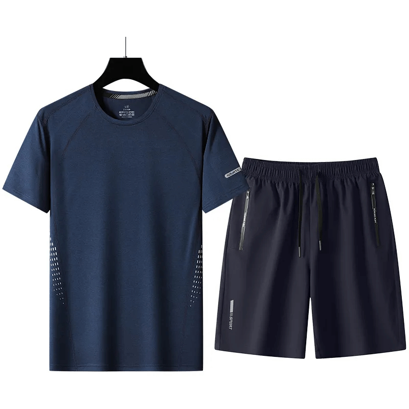 Men's black athletic t-shirt and shorts set, breathable and moisture-wicking, perfect for active lifestyle and performance sportswear.