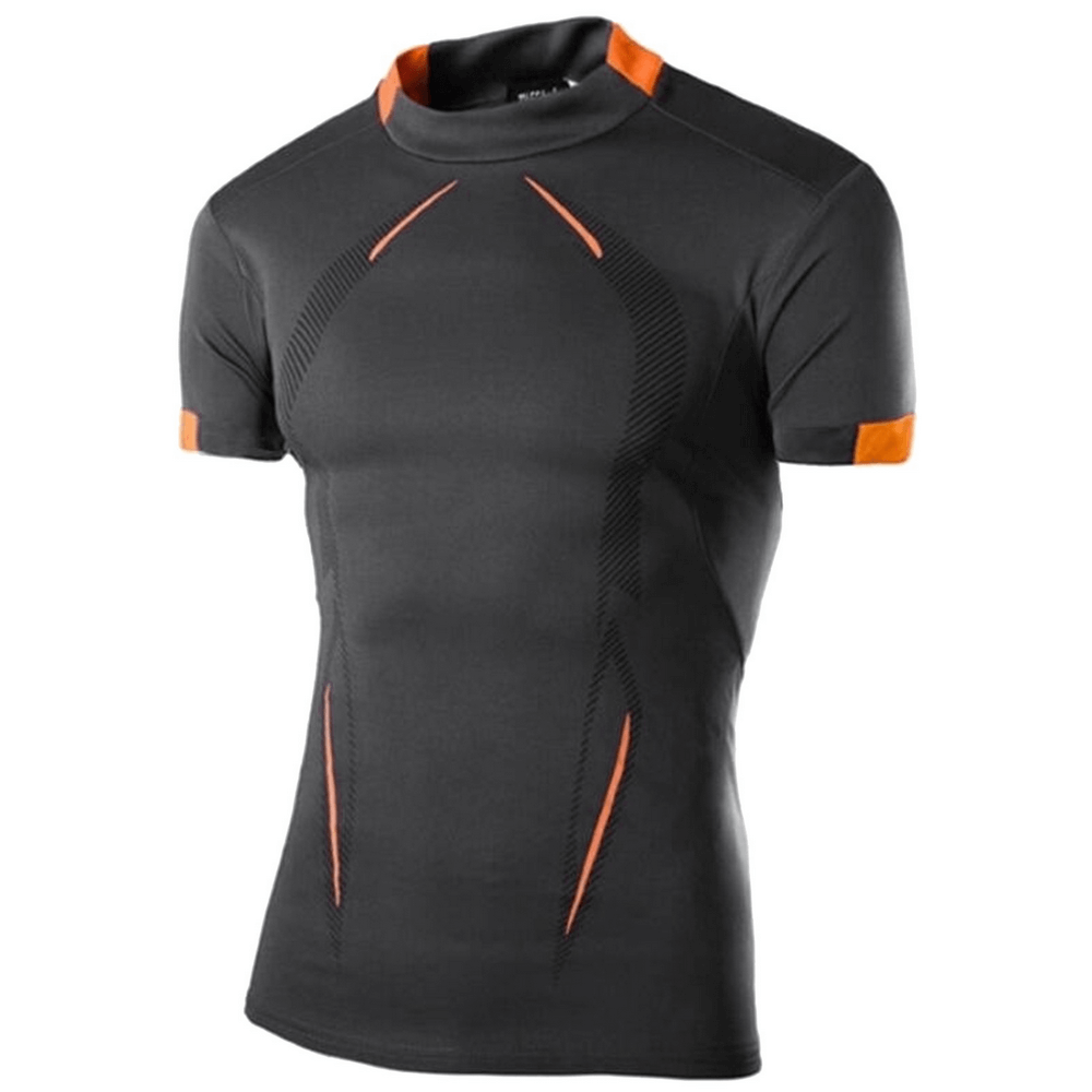 Alt Tag: Breathable Athletic Training T-Shirt for Fitness - SF4367 black compression quick-dry gym top with orange accents