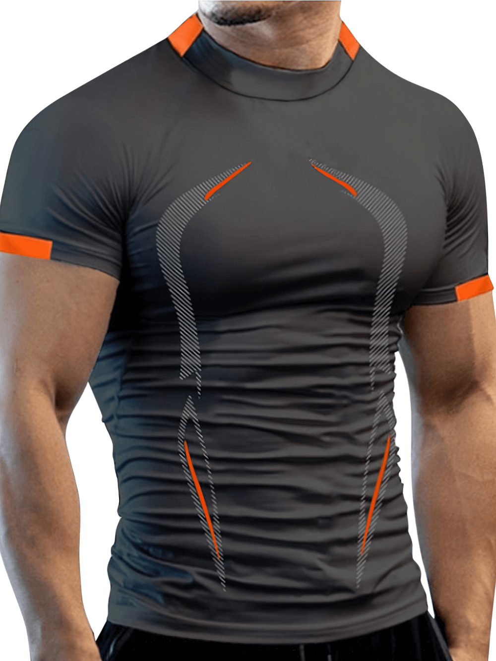 Alt Tag: Breathable Athletic Training T-Shirt for Fitness - SF4367 men’s compression quick-dry gym top, black with orange trim