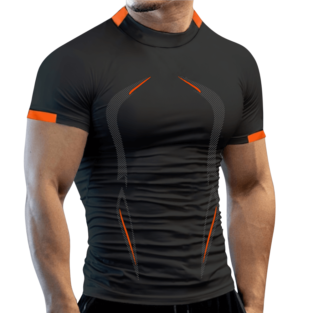 Alt Tag: Breathable Athletic Training T-Shirt for Fitness - SF4367 men's quick-dry compression gym top, black with orange accents